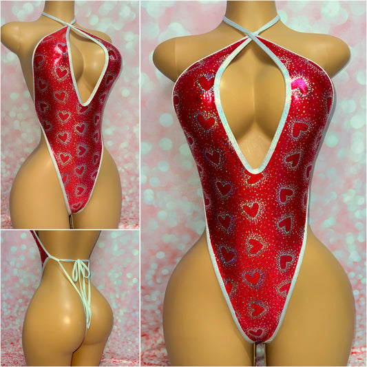 Holographic Heart V Neck One Piece