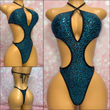 Teal Blue Sequin Cut Out One Piece