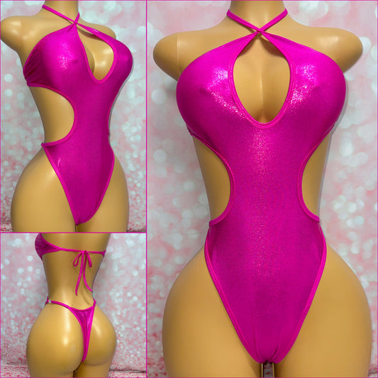 Metallic Hot Pink Cut Out One Piece