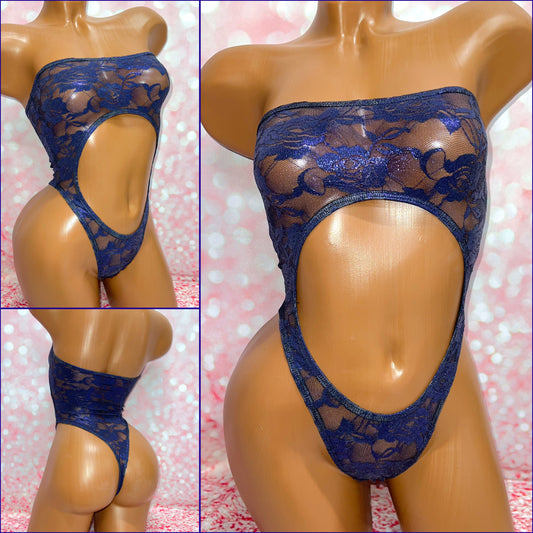 Blue Metallic Lace Strapless Bodysuit