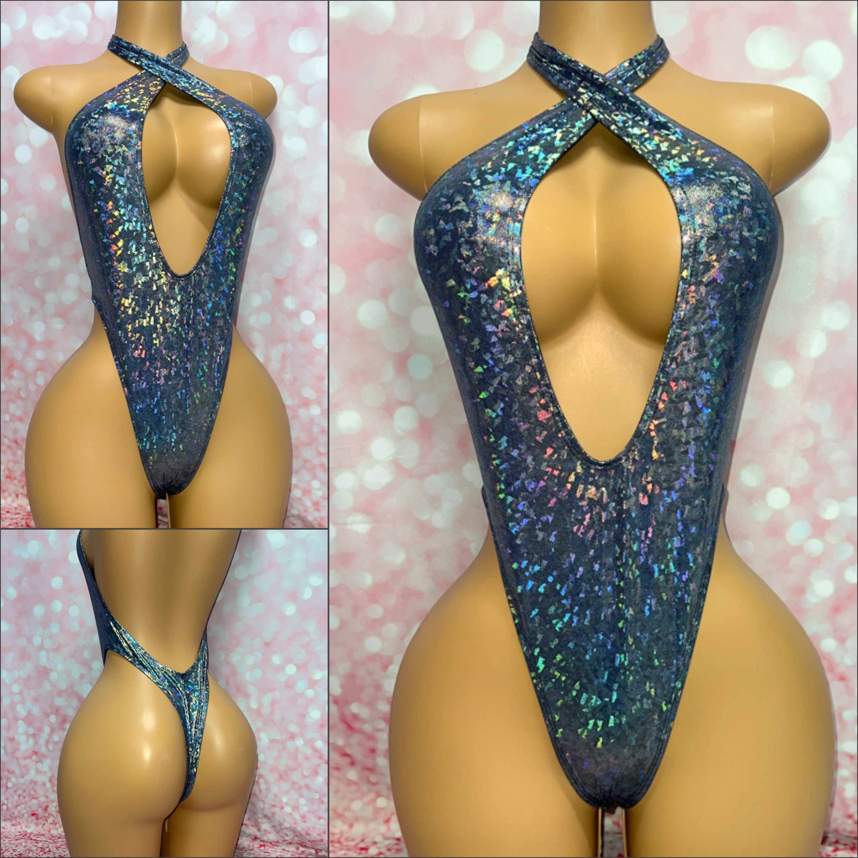 Silver Shatter Holo Halter Bodysuit