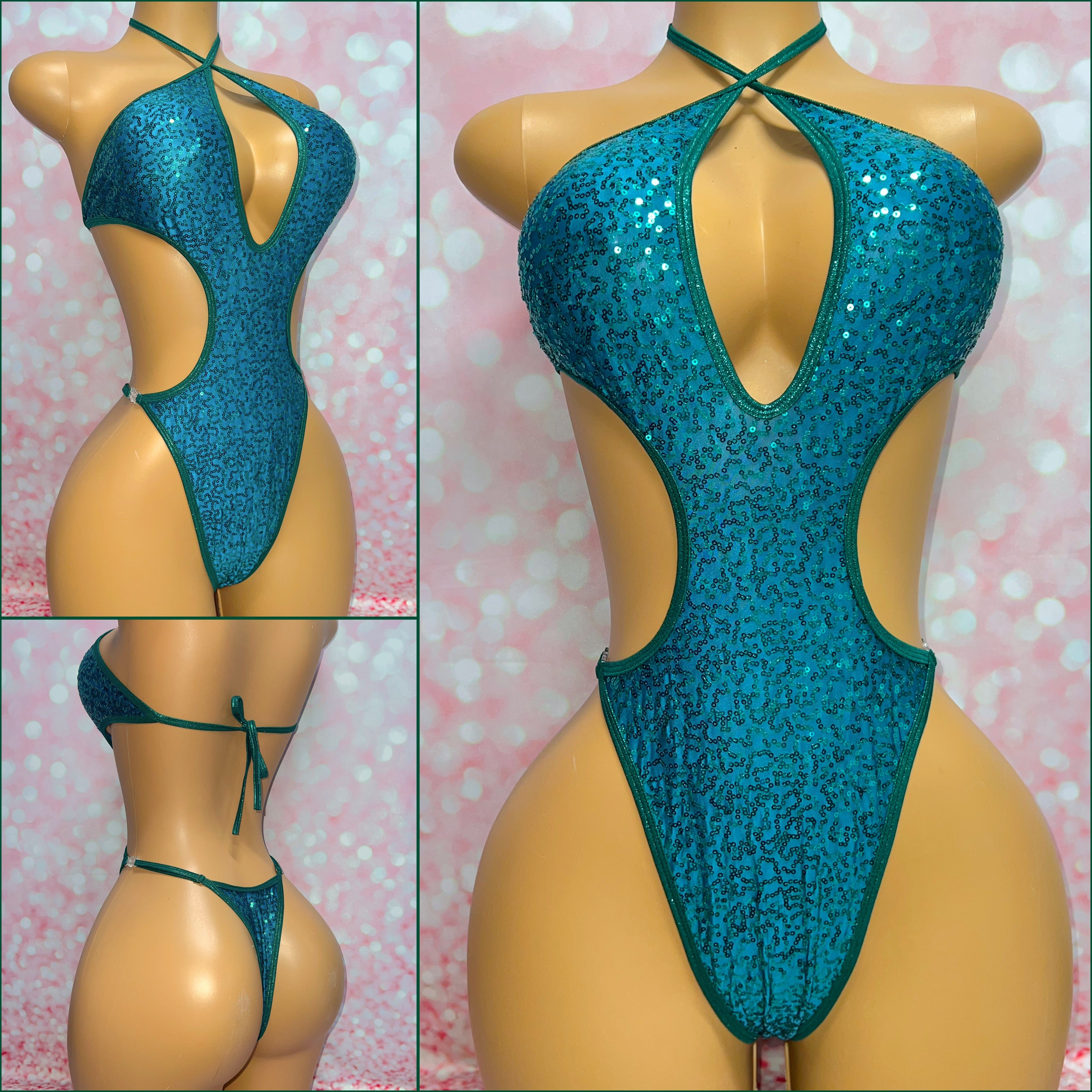 Green Sequin Cut Out One Piece