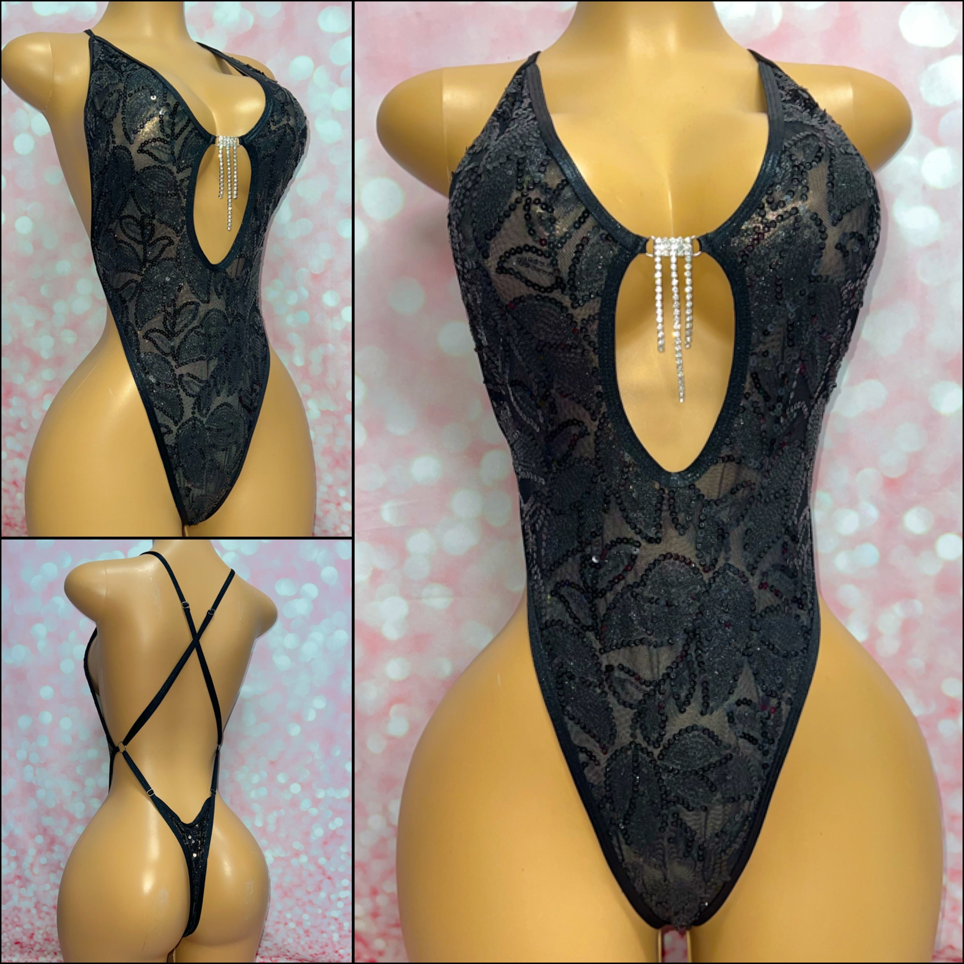 Black Floral Sequin Dangle One Piece