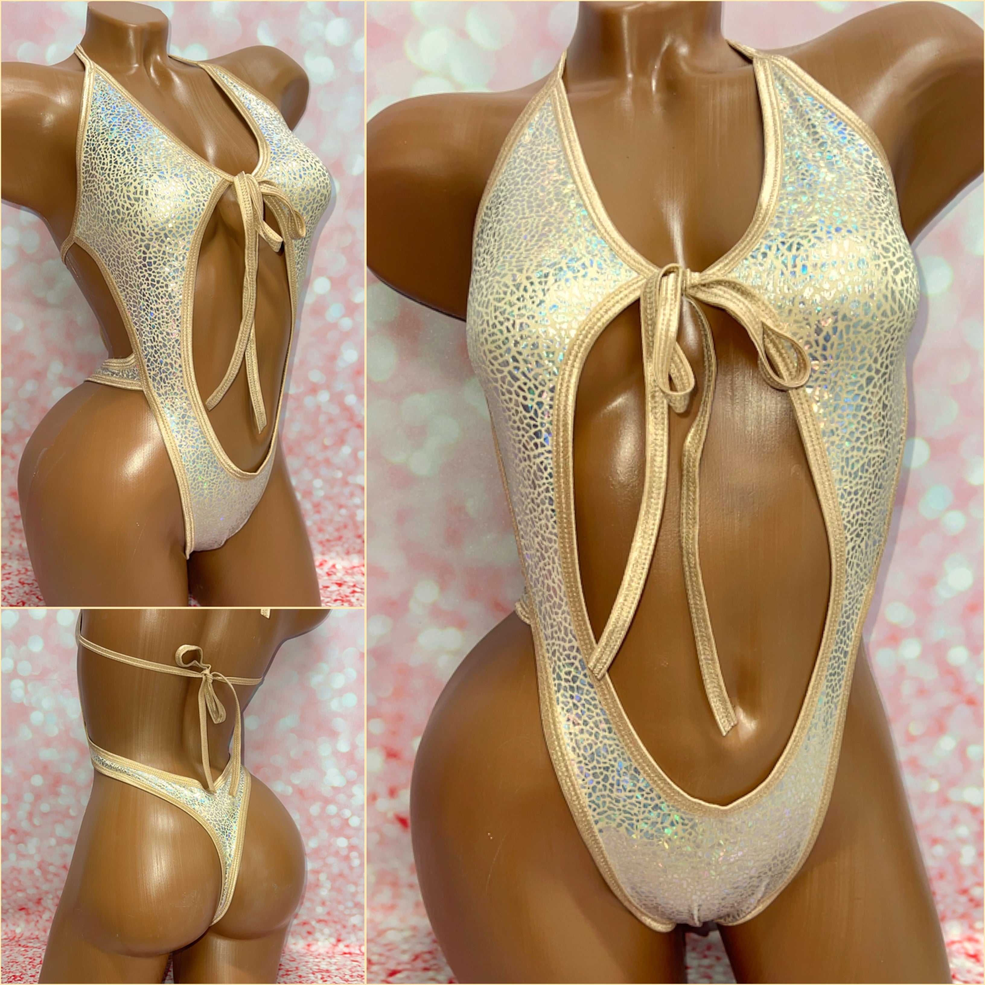 Gold Silver Holo Tie Front One Piece