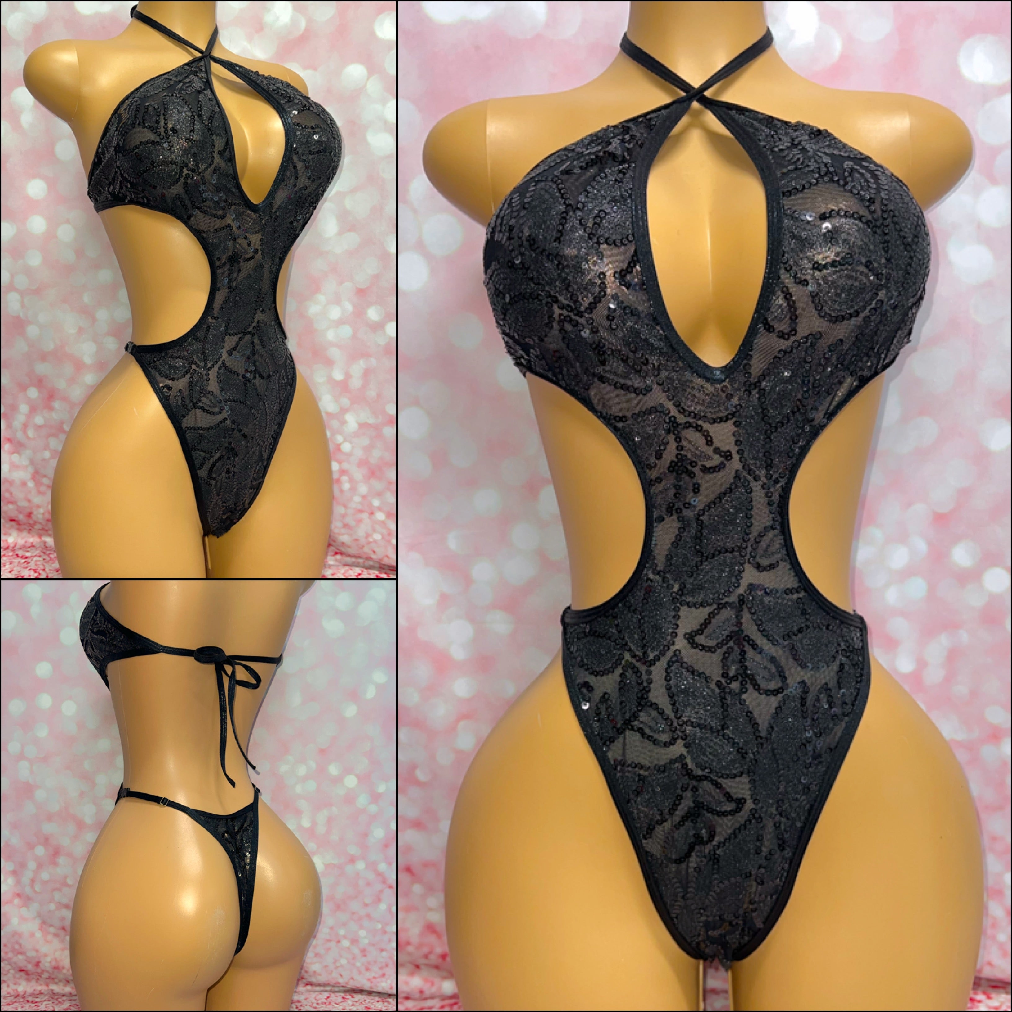 Black Floral Sequin Cut Out One Piece