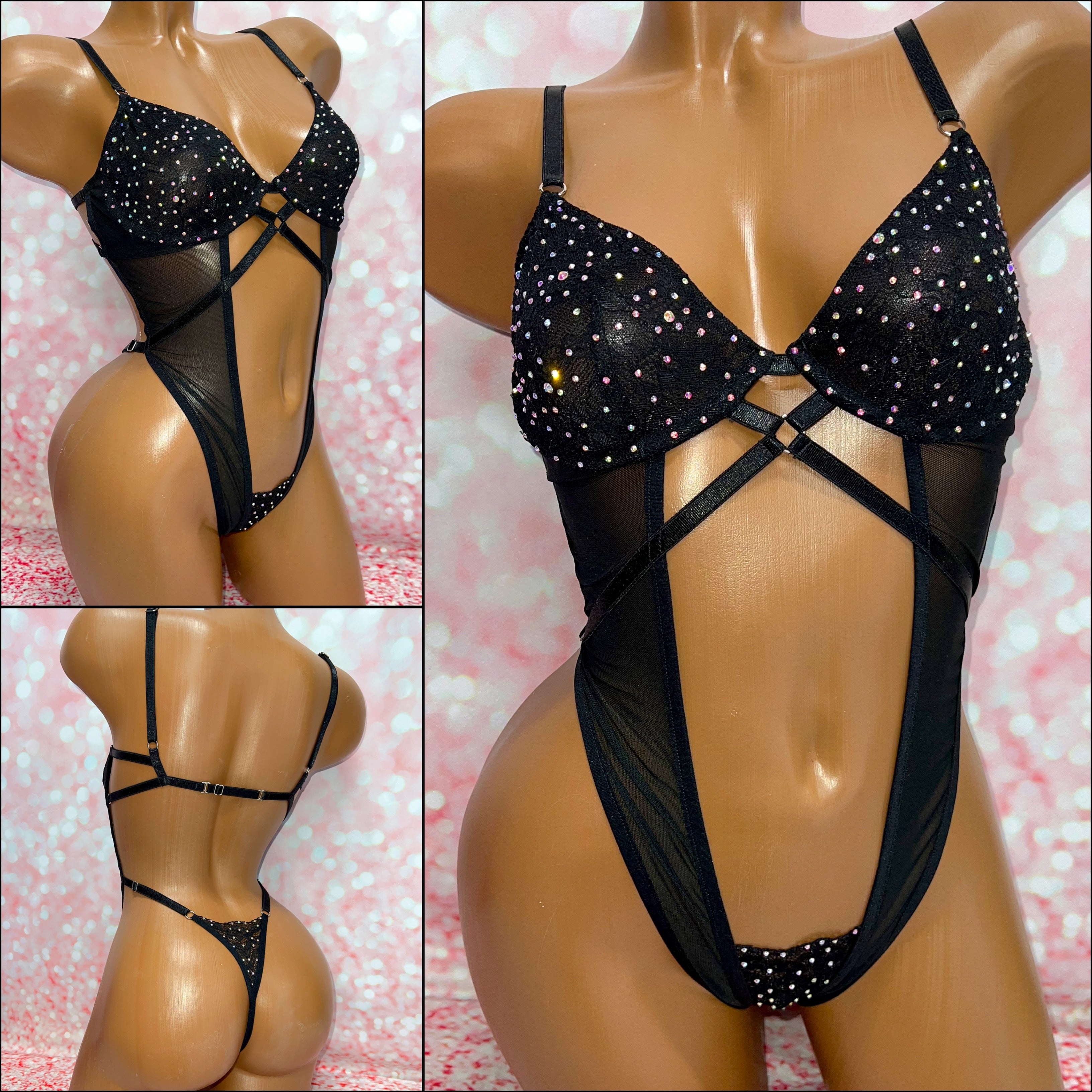 Rhinestone Lace Teddy Black