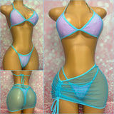 Blue Fishnet Bikini & Skirt Set