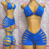 Rhinestone Cut Shorts Set Cobalt