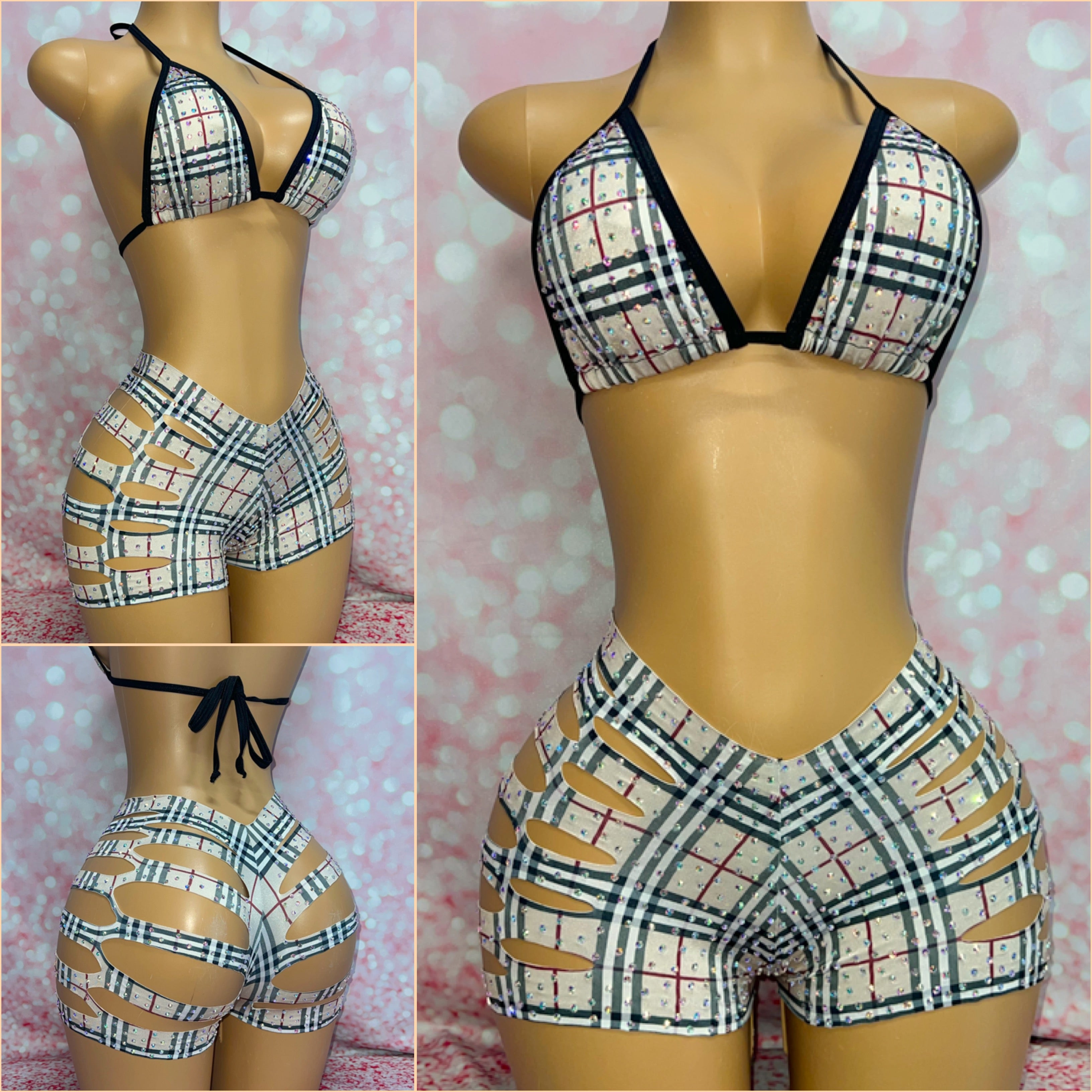 Rhinestone Cut Shorts Set Tartan