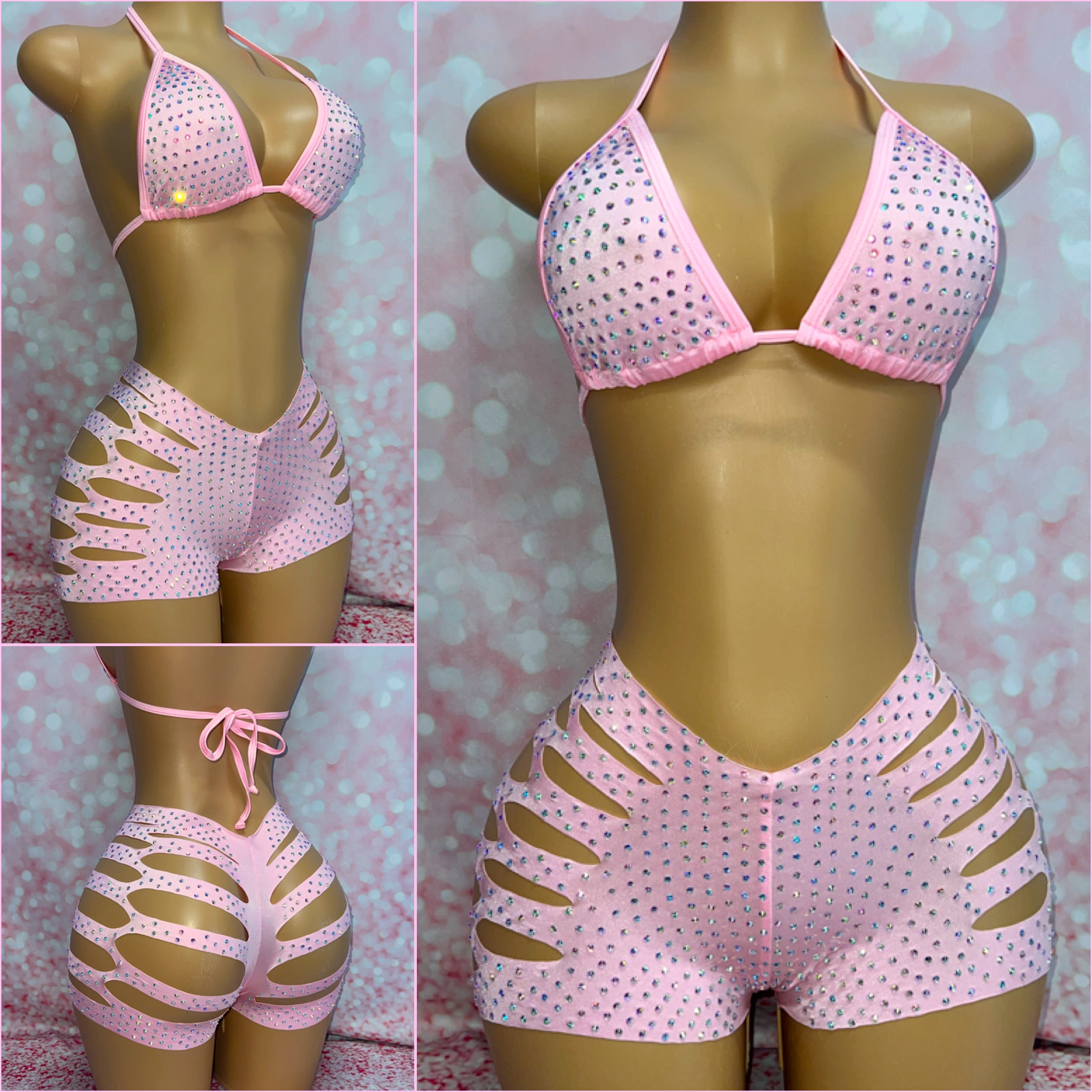 Rhinestone Cut Shorts Set Baby Pink