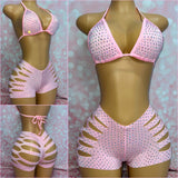Rhinestone Cut Shorts Set Baby Pink