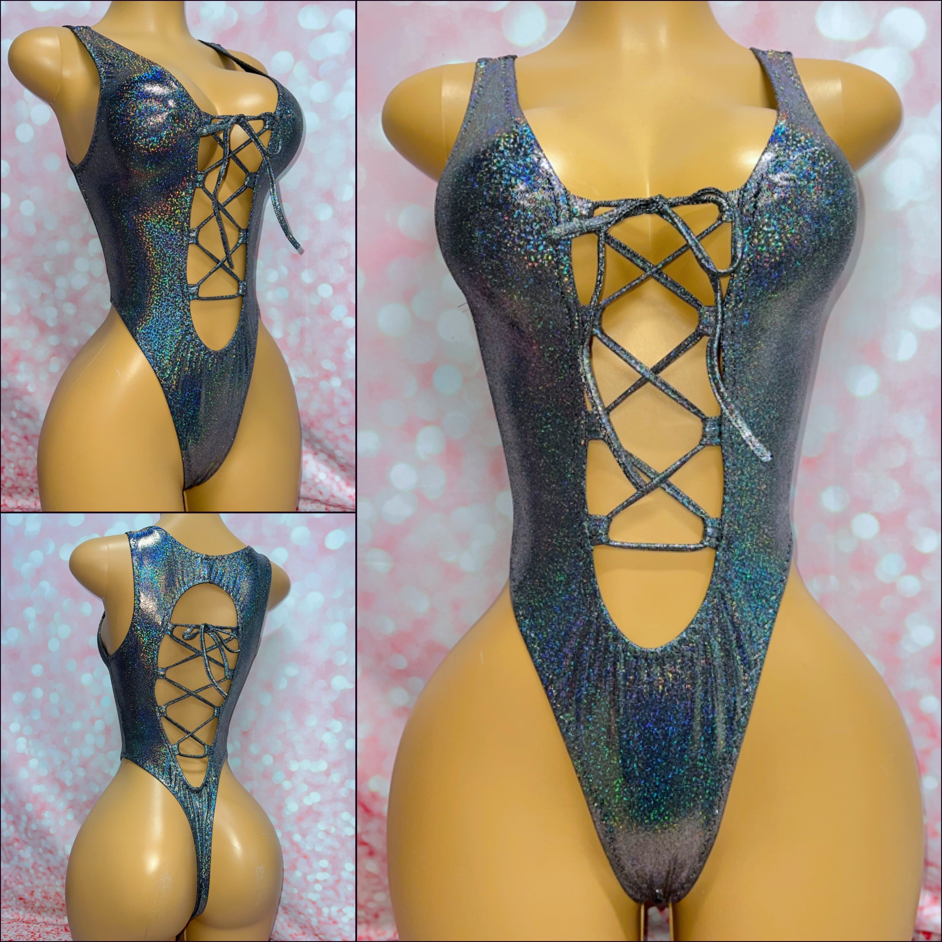Lace Up Bodysuit Holographic Gunmetal