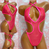 Pink Glitter Mesh Cut Out One Piece