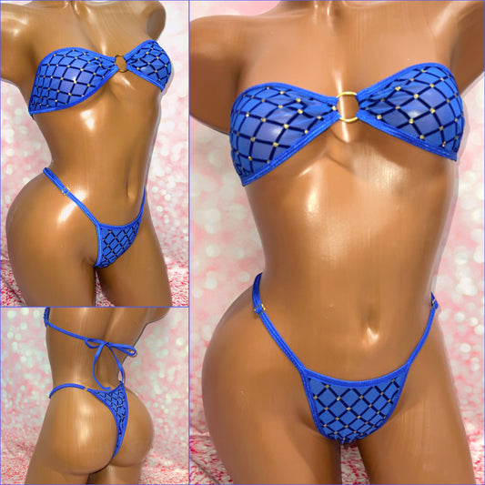 Blue Glitter Diamond Mesh Strapless Bikini