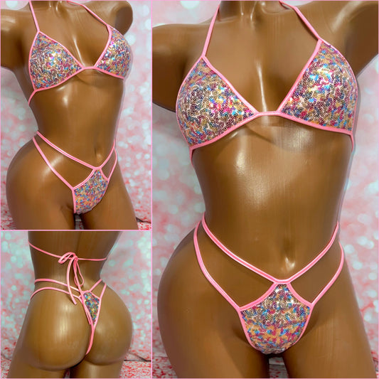 Multi Colour Sequin Bikini Set Pink