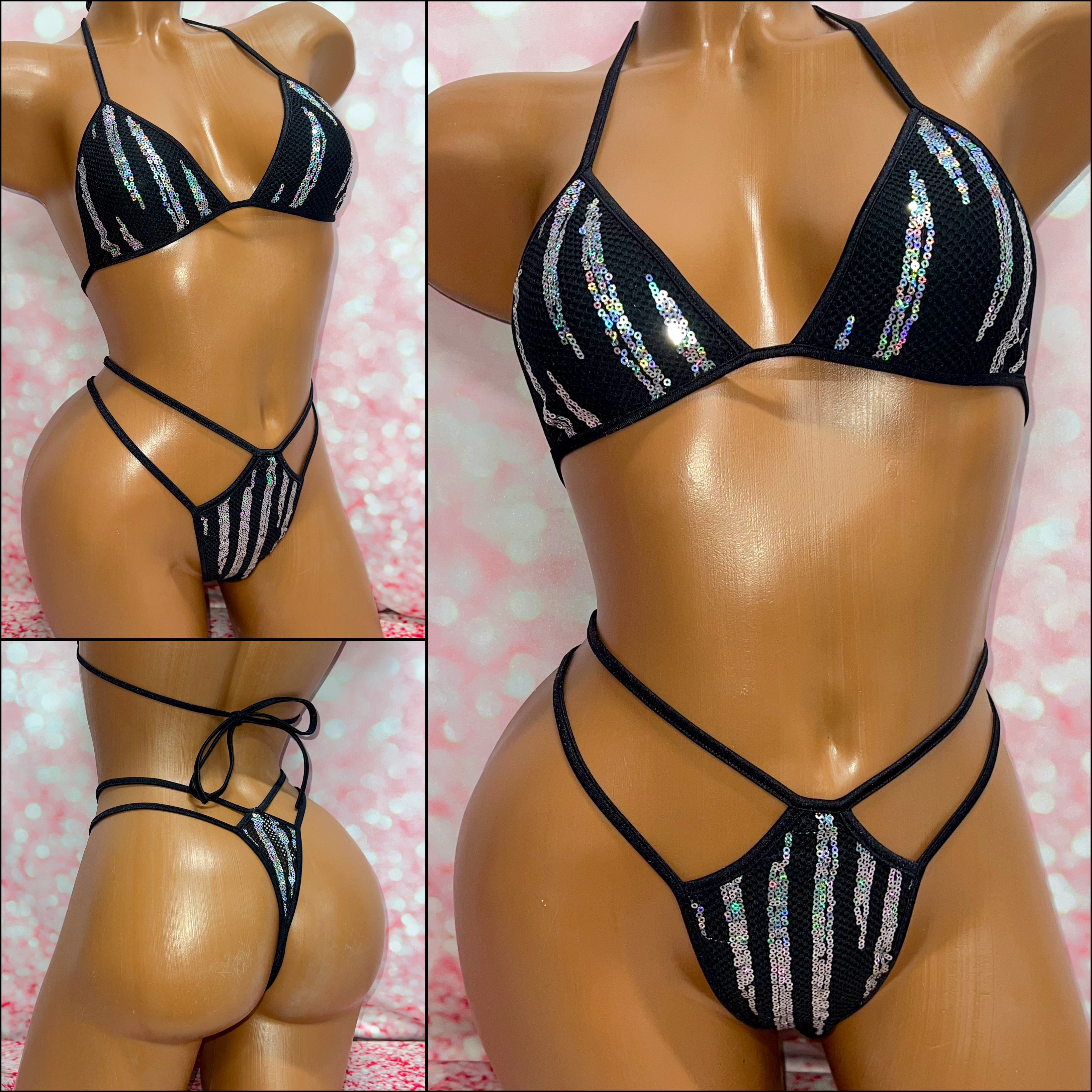 Mesh & Sequin Bikini Set Black