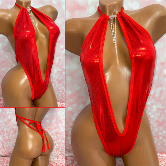 Red Metallic Choker One Piece