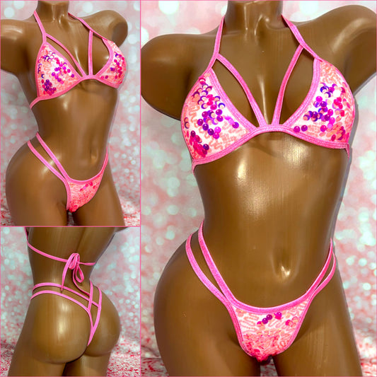 Pink Strappy Sequin Bikini Set
