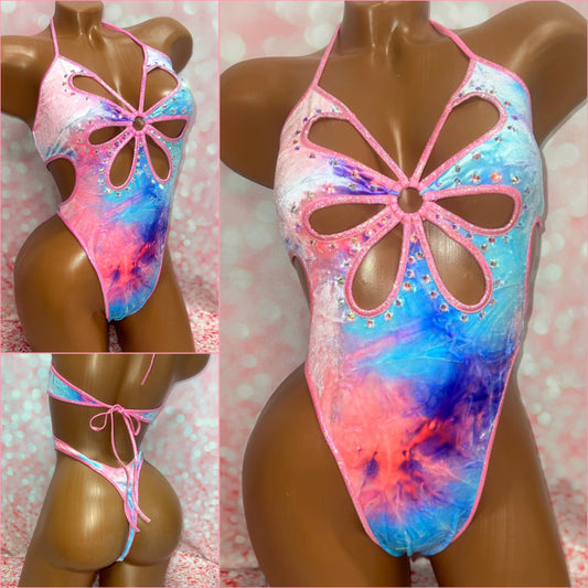 Tie Dye Velvet Cut Out One Piece