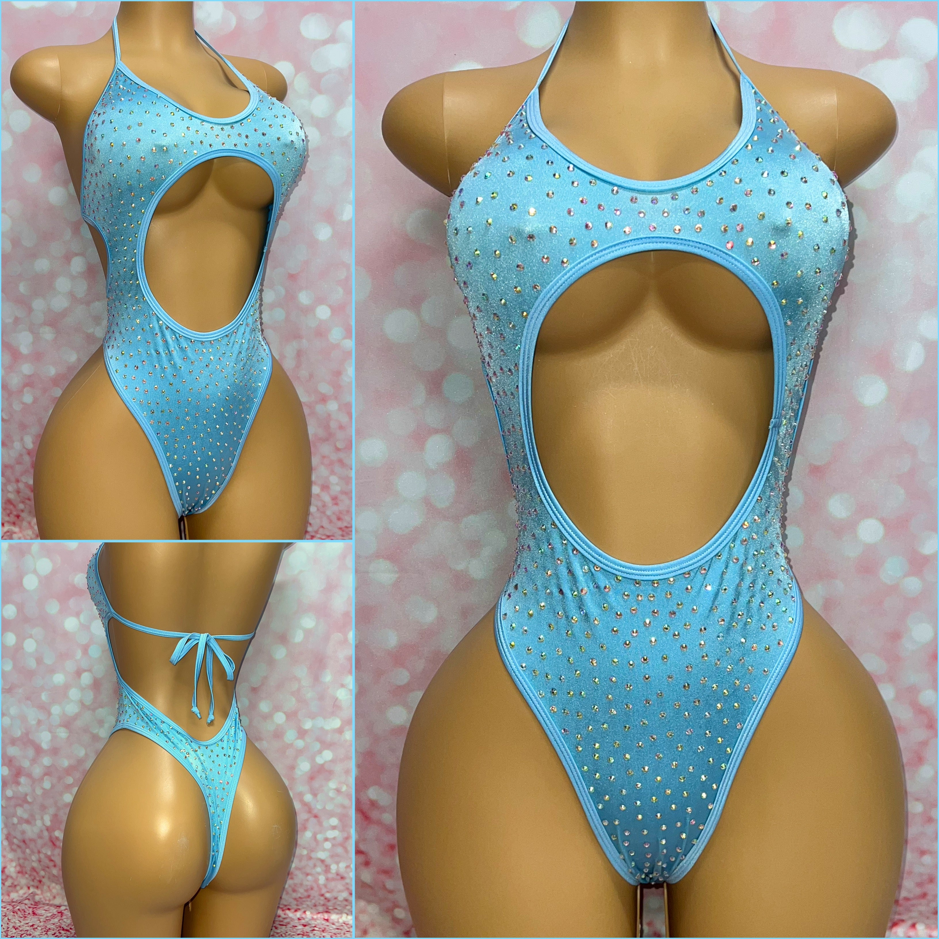 Rhinestone Cheeky One Piece Light Blue