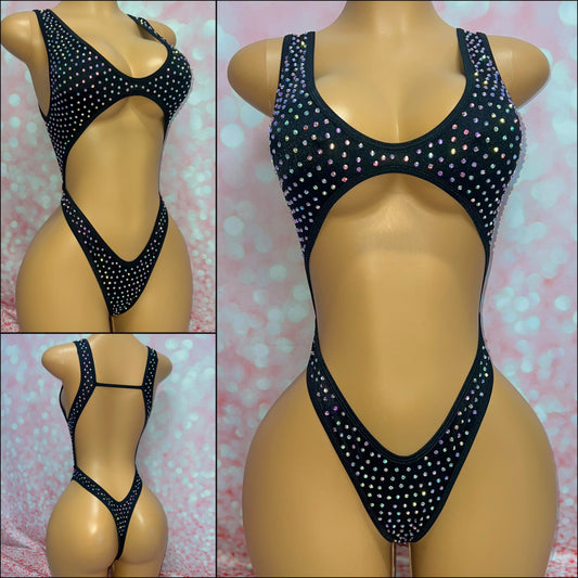 Rhinestone Cut Out Bodysuit Black