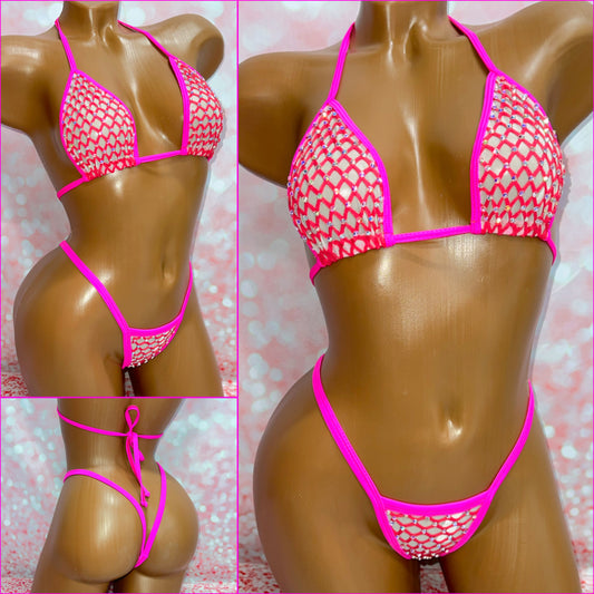 Diamond Mesh Bling Bikini Pink