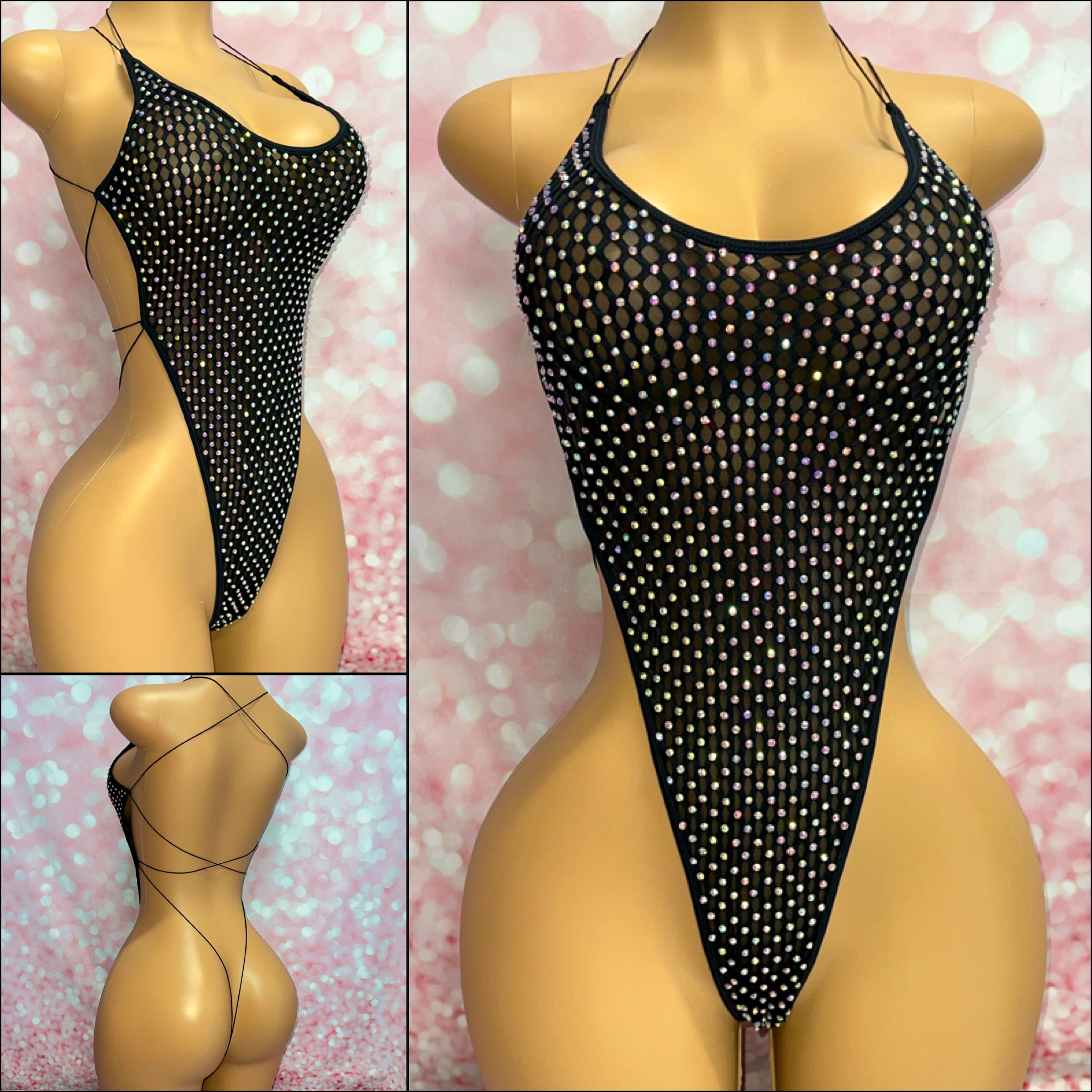 Rhinestone Diamond Mesh One Piece Black