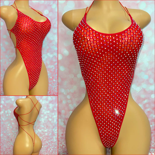 Rhinestone Diamond Mesh One Piece Red