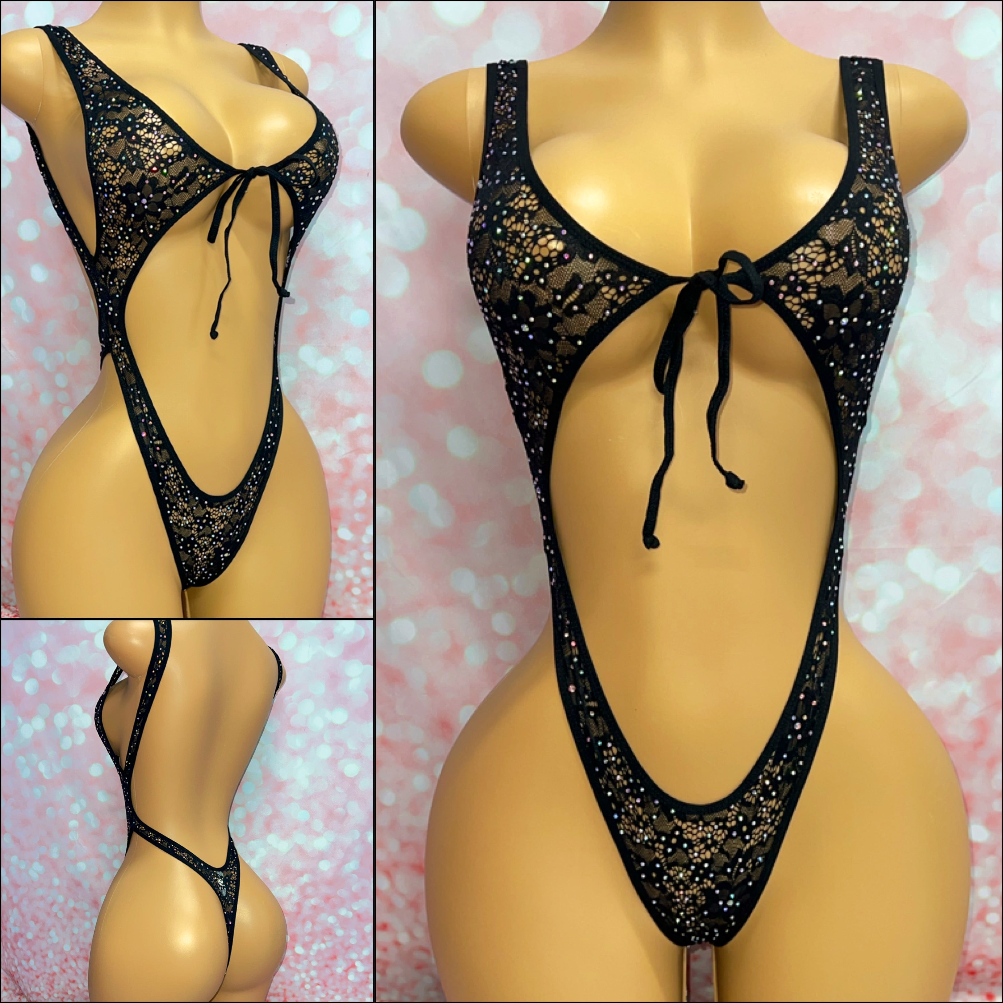 Lace Rhinestone Bodysuit Black