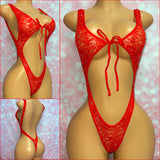 Lace Rhinestone Bodysuit Red