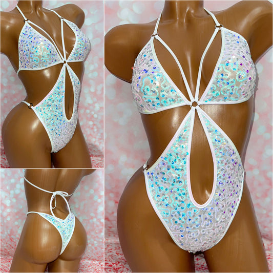 Iridescent Sequin Mesh Cut Out One Piece