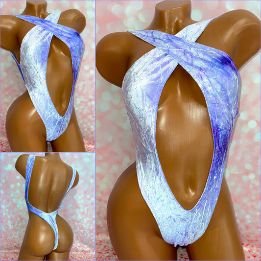 Crushed Purple Velvet Cross Over One Piece