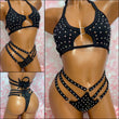 Rhinestone Triple Strap Bikini Black