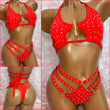 Rhinestone Triple Strap Bikini Red