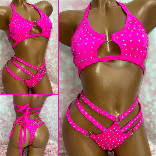 Rhinestone Triple Strap Bikini Pink