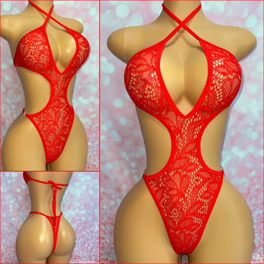 Red Lace Cut Out One Piece