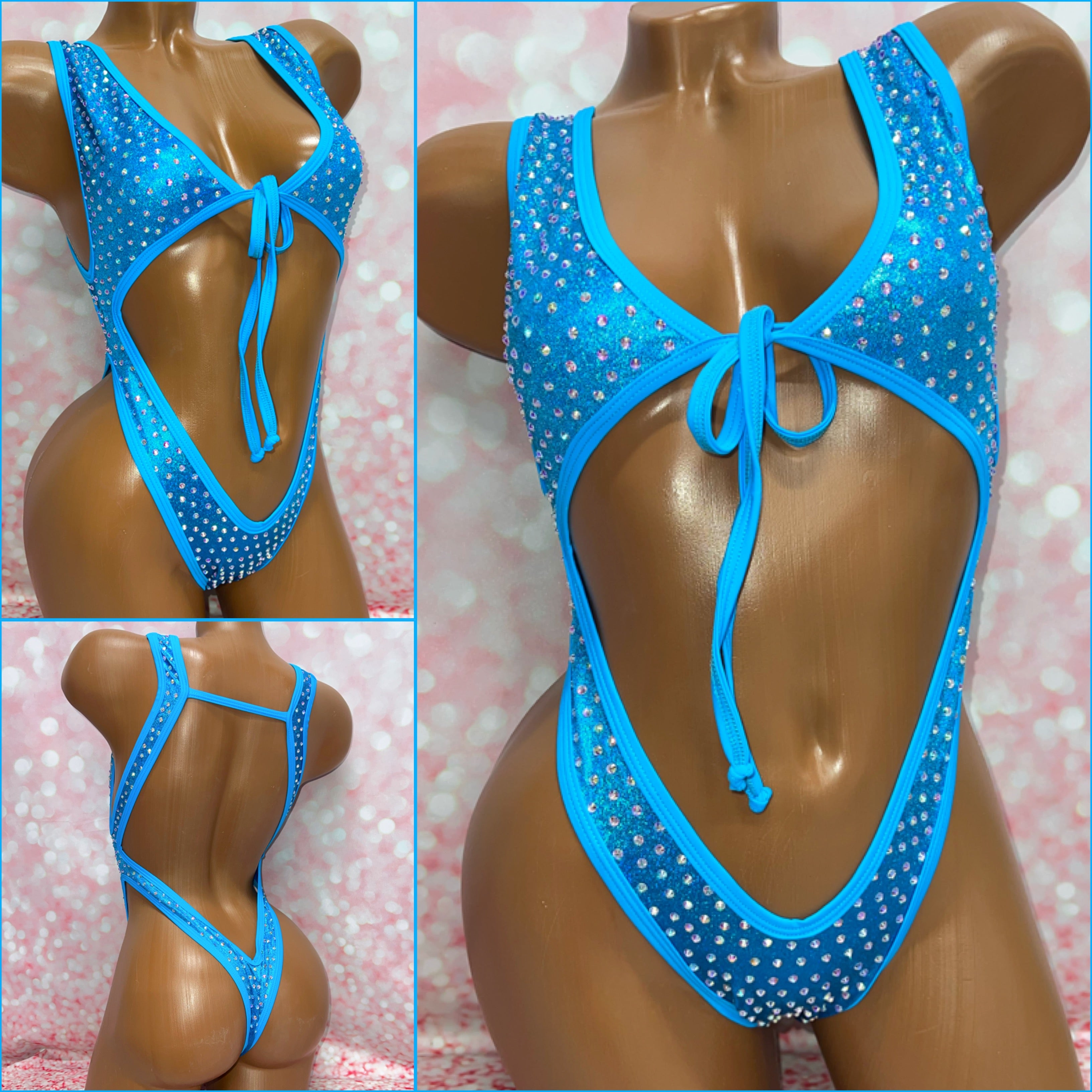 Rhinestone Tie Front Bodysuit Blue
