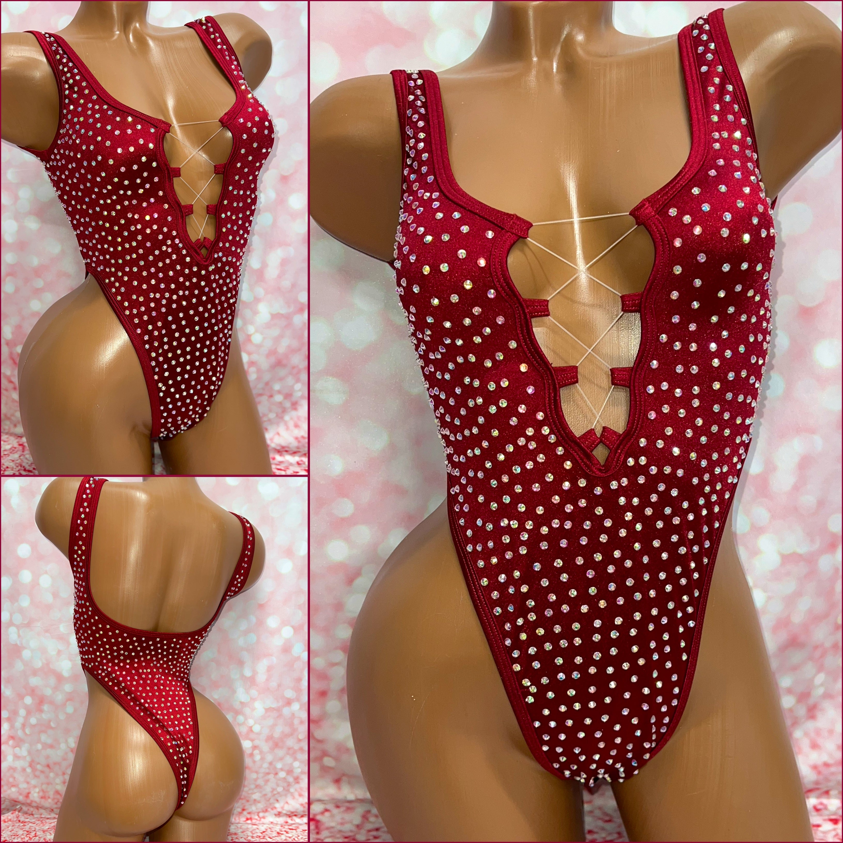 Rhinestone Lace Up Front Bodysuit Burgundy
