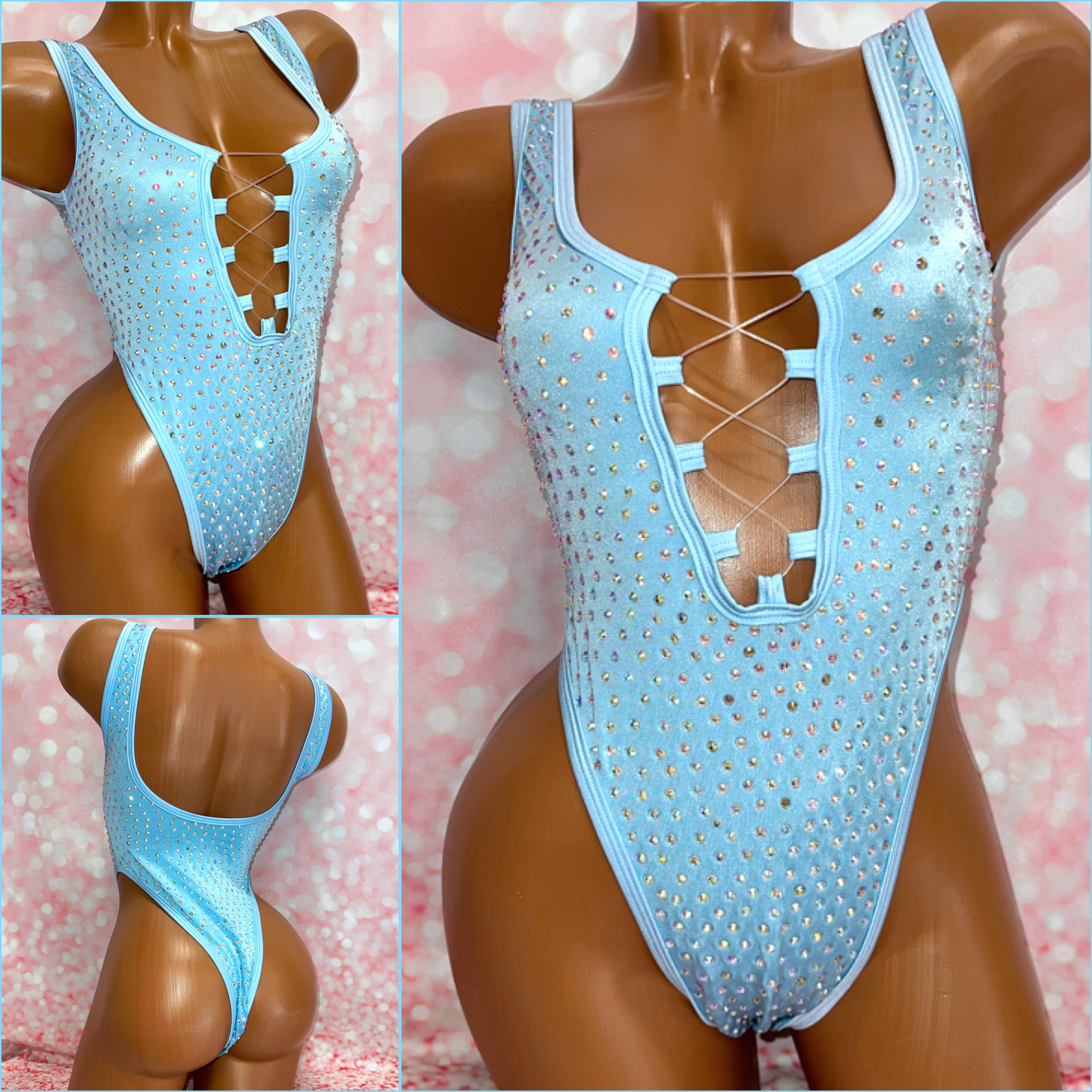 Rhinestone Lace Up Front Bodysuit Blue