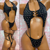 Rhinestone Elastic One Piece Black
