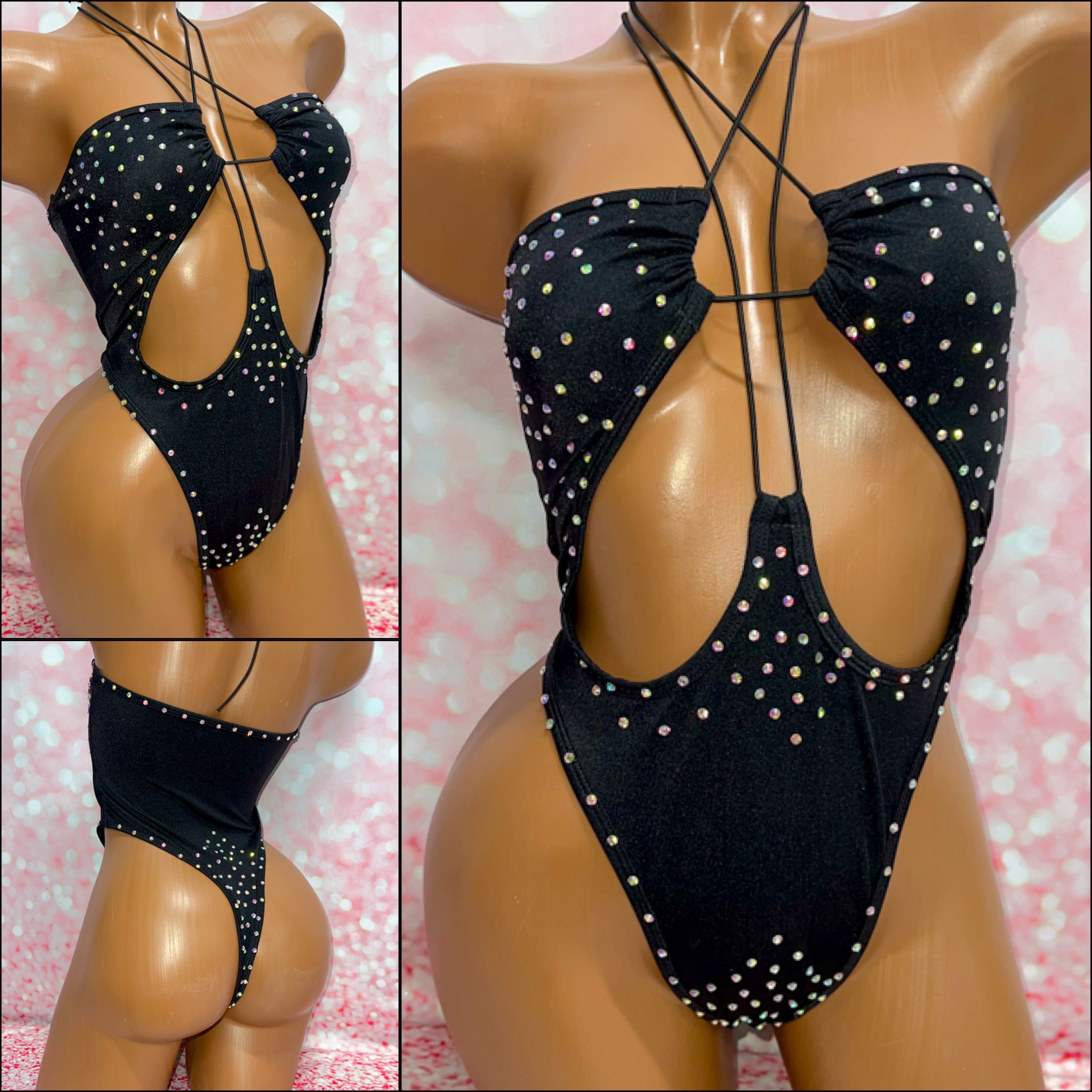 Black Rhinestone Strapless Bodysuit