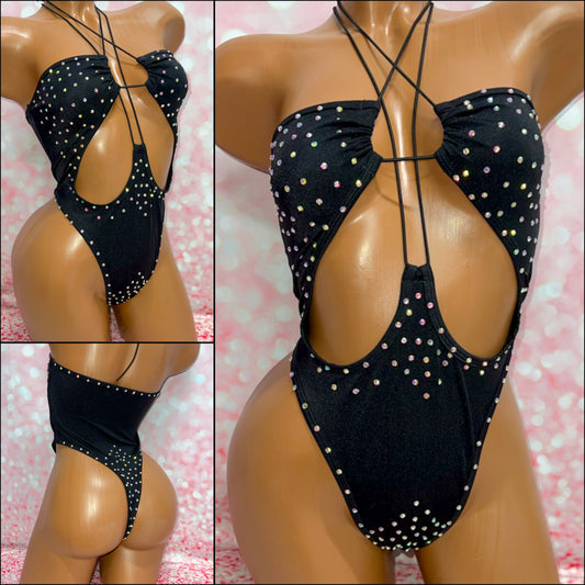 Black Rhinestone Strapless Bodysuit