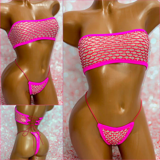 Hot Pink Strapless Rhinestone Bikini