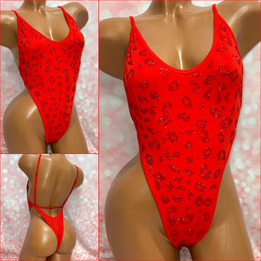 Leopard Rhinestone One Piece Red