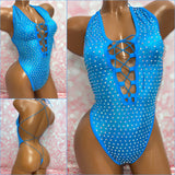 Rhinestone Lace Up Bodysuit Blue