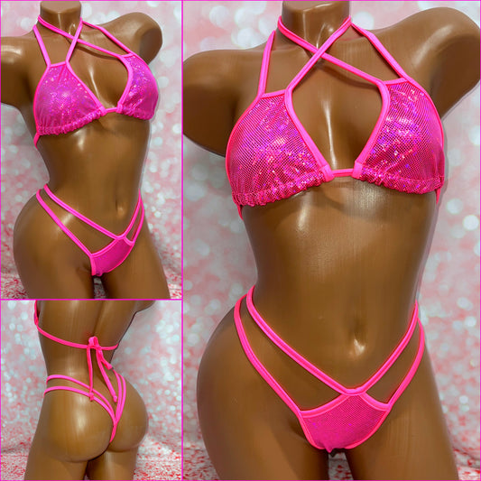 Hot Pink Holo Double Strap Bikini