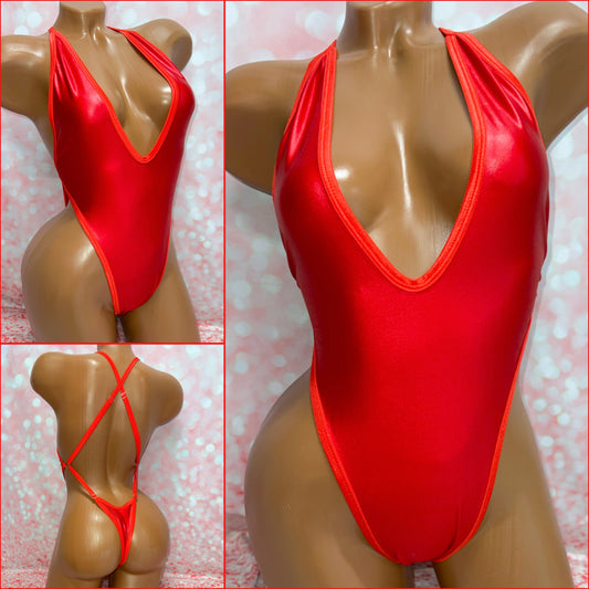 Red Wet Look Adjustable One Piece