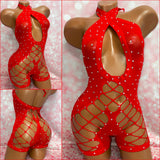 Rhinestone Mesh Romper Red