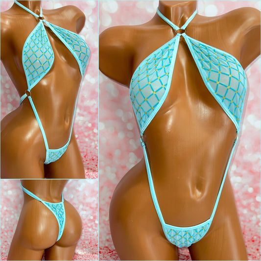 Blue Glitter Diamond Mesh Choker Slingshot