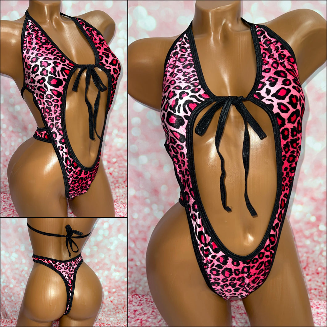 Pink Leopard Velvet Tie Front Bodysuit